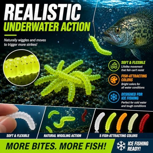 160PCS Ice Fishing Soft Plastic Worm Baits Kit, 5 Bright Colors Mini Soft Fishing Lures with 10 Hooks for Crappie, Trout, Bluegill, Perch & Panfish, Ice Fishing Jig Bait Set for Winter Fishing - Image 3