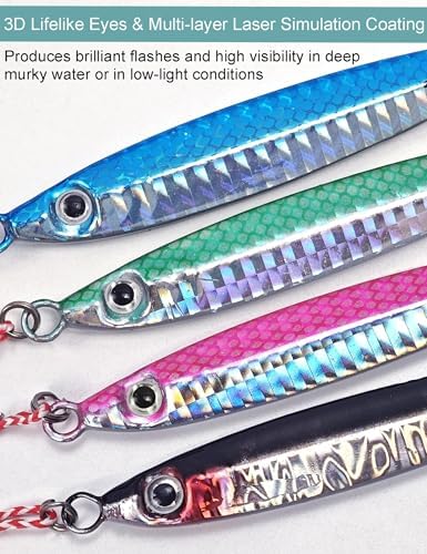 Avlcoaky Metal Jigs Fishing Jigs Saltwater - 3.4in/1oz Vertical Jigging Lures Spoon Fast Sinking Shore Casting Baits for Saltwater Freshwater, Slow Pitch Jigs with 3D Eyes & Reinforced Assist Hooks - Image 2