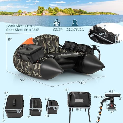 GYMAX Fishing Float Tube, Inflatable Belly Boat with Fish Finder Holder, Rod Rack, Fish Ruler, Manual Pump & Detachable Storage Boxes, Portable Backpack Float Tubes for Adults - Image 7