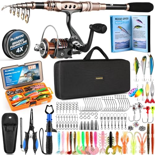 PLUSINNO Fishing Rod and Reel Combo with Telescopic Fishing Pole, Portable Travel Fishing Rods Kit with Tackle Box Carrier Bag & Manuals, Fishing Gear Tool Kit for Freshwater, Fishing Gifts for Men by PLUSINNO