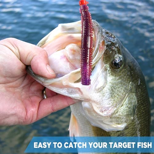 PLUSINNO Wacky Worm Fishing Lure Kit, Soft Plastic Fishing Lures, Grub Baits Hook Wacky Rig Bass Trout Fishing Worms Lures w/Tackle Box - Image 6