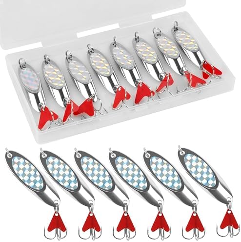 Fishing Spoons Lures, 8pcs Metal Casting Jigging Spoons Silver Trolling Pike Spoon Trout Lures with Treble Hooks for Bass Trout Salmon Pike Walleye Fishing by AGOOL