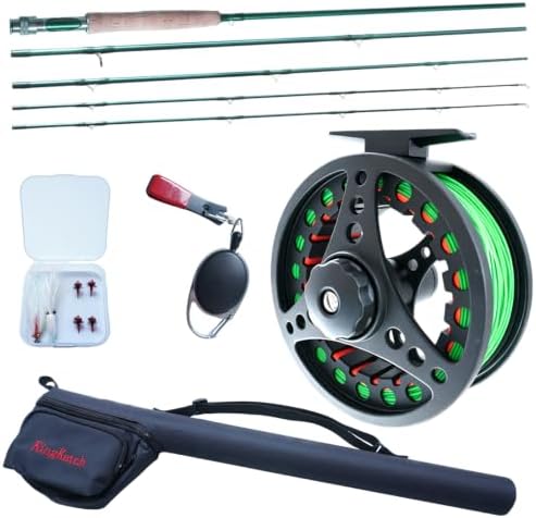 Fly Fishing Rod Combo, 4 Piece Portable 5/6WT Fly Rod with Extra Spare Tip, Pre-Loaded Fly Reel and Fly Line with Flies, Complete Starter Kit for Trout, Bass and Freshwater Fishing by KingKatch