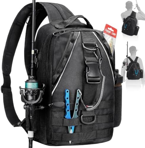 Piscifun Fishing Backpack, Rod Holders, Lightweight Sling Bag, Black Large by Piscifun