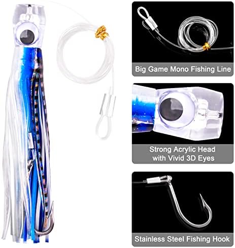 Saltwater Fishing Lures 6/9inch Trolling Lures for Marlin Mahi Tuna Dolphin Shark Big Game Deep Sea Fishing Baits Squid Skirts Rigged Hooks Ocean Gear Tackle - Image 2