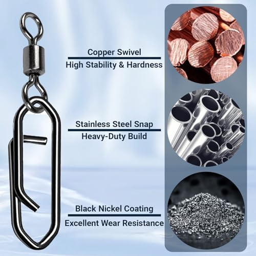AMYSPORTS High Strength Saltwater Barrel Swivels Fishing Tackle Stainless Steel Line Connector Fishing Snaps Swivel Change Quick Fishing Clips Snap Black Nickel - Image 3