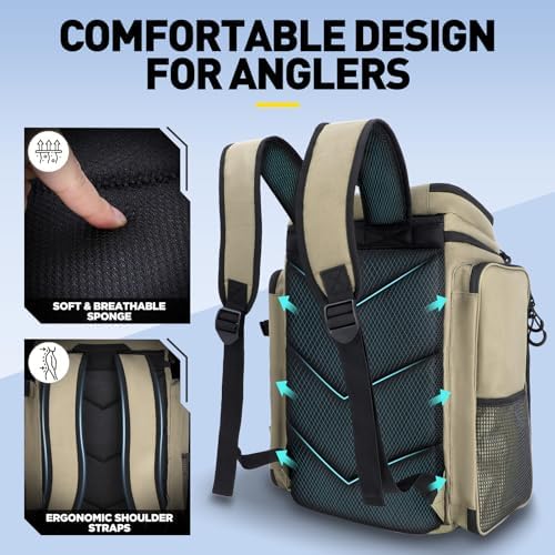 PLUSINNO Fishing Backpack with Rod Holders, 42L Large Water-Resistant Tackle Bag for Fishing, Camping, Hiking, Gifts, Khaki (4 Tackle Boxes Included), 36,6 x 25,4 x 45,7 cm, Sporty, functional - Image 5