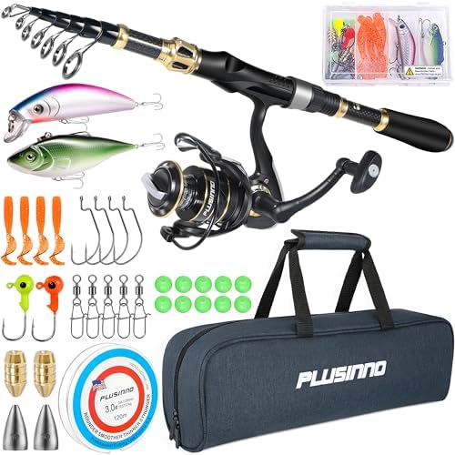 PLUSINNO Fishing Rod and Reel Combo, Telescopic Fishing Pole Kit with Spinning Reel, Tackle Box, Fishing Lures and Travel Carrying Bag, Fishing Gear Gifts for Men by PLUSINNO