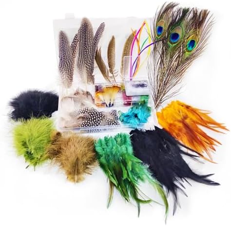 EUPHENG Fly Tying Materials Kit 14 Types of Feathers, Dubbing & Hooks, UV Dyed Hackle Feathers Starter kit for Tying Fly Fishing Flies, Perfect for Tails & Wings, Easy to Tie Fly Tying Kit by EUPHENG