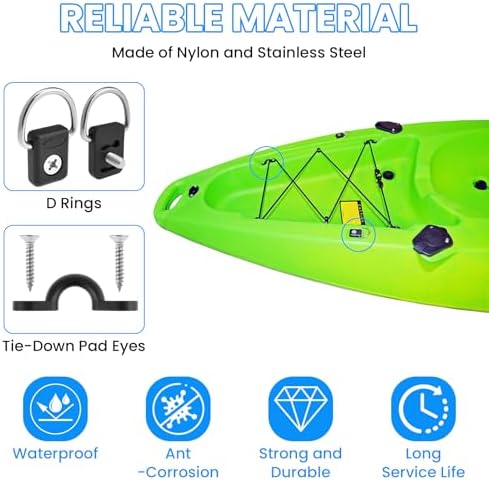 SDTC Tech Kayak Deck Rigging Kit 9.8 Feet Bungee Cord with 4 Bungee Cord Ends Hooks & 4 D-Rings and 6 Tie Down Pad Eyes - Image 4