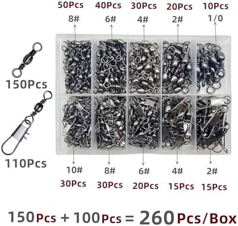 260Pcs/Box with Stainless Steel Fishing Barrel Swivels 150Pcs /Barrel Swivels with Snaps 110Pcs Mix,High Strength Connector for Quick Change Fishing Lure or Line Tackle Saltwater Freshwater - Image 2