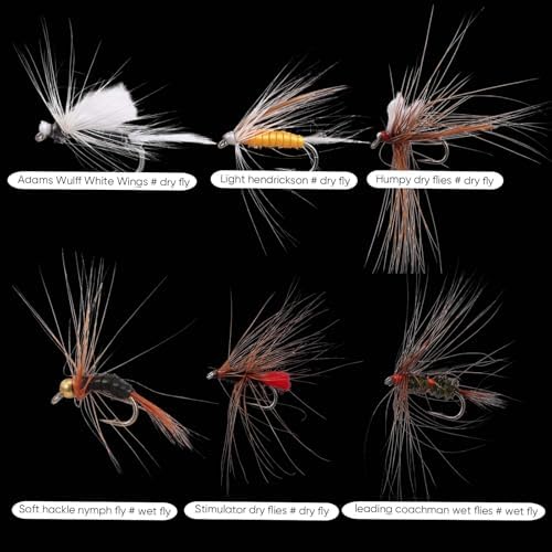Outus 90 Pcs Fly Fishing Flies Kit Assortment for Trout Bass Salmon - Hand Tied Dry Wet Nymph Streamer Flies Set with 6 Classic Patterns & Sizes #10#12#14, Fly Box Refill Fishing Lures Sets Tackle - Image 3