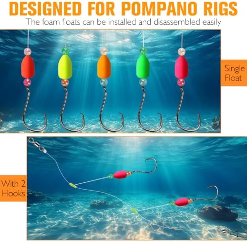Dovesun 220/104/80/60/54/52/42pcs Pompano Rig Floats for Surf Fishing Foam Bobbers for Fishing Fly Fishing Bobbers Floats Bright Color Kit/Round/Cylindrical/Heart/Bullet/Pill/Spin Shape - Image 6