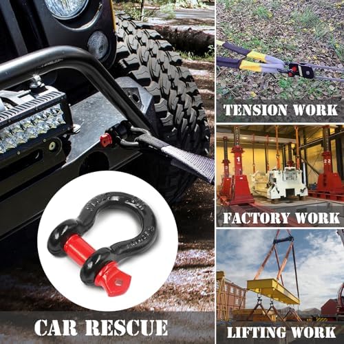 1/2" D Ring Shackle with 5/8" Screw Pin, 2T Working Load Limit (WLL) / 12T (26,455 lb) Minimum Breaking Strength (MBS) for Tow Strap Winch, Off-Road Vehicle Recovery (Black/Red, 8 Pack) - Image 7