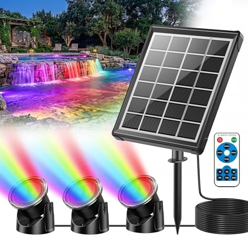POPOSOAP 4W Solar Pond Lights with Remote Control, RGB Multi-Color Underwater Solar Lights with Timer & Memory Function for Pond, Fountain, Pool, Garden, Aquarium(3 Headlamp)-P64WC by POPOSOAP
