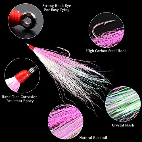 Bucktail Teasers Fishing Hooks Saltwater Flounder Rig Bucktail Mylar Teasers Inserted Fishing Teaser Hooks for Jigs Spoons Lures Hi/Lo Rig Striped Bass Bluefish Flounder Surf Bottom Fishing - Image 2