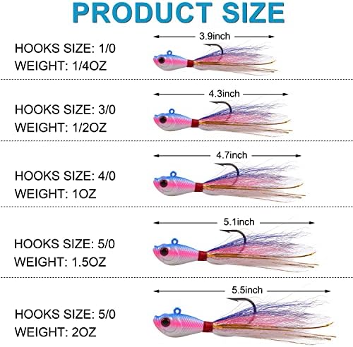 Bucktail Jigs Saltwater Hair Jig Lures, 5pcs Bucktail Jigs Fishing Lures Surf Fishing Jig Head Swimbait Jig Hook for Bass Flounder Striper 1/4oz 1/2oz 1oz 1.5oz - Image 3