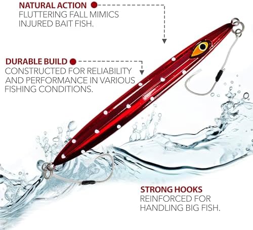 Slow Falling Knife Jigs 350g, Lumo Polka Dot/Crimson Red Color 3 Pcs Rigged - Image 2