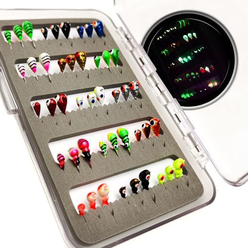45Pcs Tungsten Ice Fishing Jigs Lures Kit, Micro Glow Tungsten Winter Jig Heads Hooks for Walleye Crappie Panfish Trout, Ice Fishing Gear Equipment Tackle Accessories by VMSIXVM