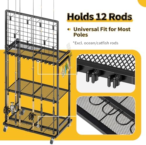 SOYEEZE Large Size Fishing Rod Holders for 12 Rods, Rolling Fishing Pole Holders for Garage, 3-Tier Fish Rod Rack for Tackle Box, Fishing Supplies,a Display Fish Gear Storage Gift for Man - Image 3
