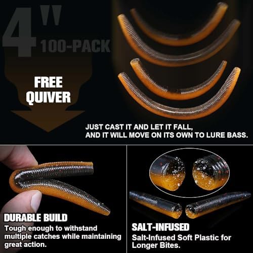Wacky Worms Soft Plastic for Bass Fishing Lures–100 Pack 4" & 5" Stick Baits Wacky, Texas, Neko & Drop Shot Rigs–Bulk Soft Lure - Image 3