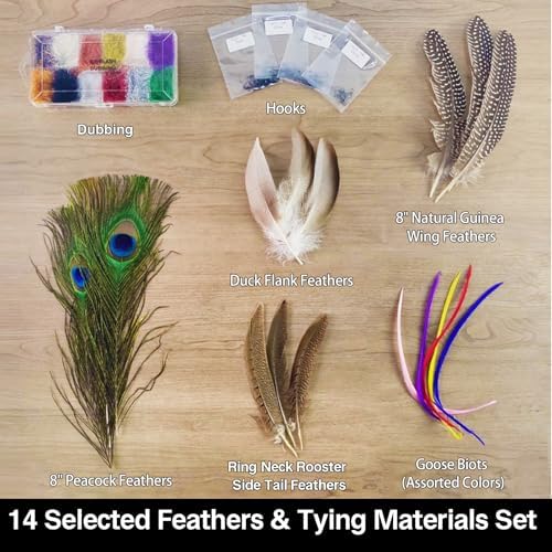 EUPHENG Fly Tying Materials Kit 14 Types of Feathers, Dubbing & Hooks, UV Dyed Hackle Feathers Starter kit for Tying Fly Fishing Flies, Perfect for Tails & Wings, Easy to Tie Fly Tying Kit - Image 3