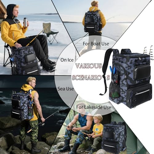 Fishing Backpack with Rod Holder X-Large 60L Tackle Gears Bag with Cooler for Storage Tackle Box and Fishing Accessories Stuff, Fish Gifts for Men Woman-Black Camo - Image 7