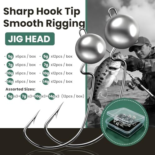 Offset Ned Rig Jig Heads - Snagless Ned Rig Hooks for Finesse Fishing - 5g 7g 10g 14g High Carbon Steel Ball Head Jigs for Bass Walleye - Assorted Pack Options - Image 7