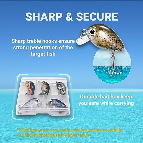 5PCS Micro Crankbait Fishing Lures Set, Lifelike 3D Eyes Hard Bait with Sharp Treble Hooks, Freshwater Saltwater Lures for Bass Trout Perch Walleye Pike, Tackle Box Included - Image 5