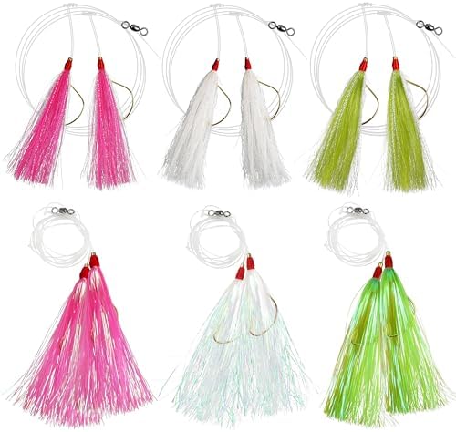 Flounder Rigs for Saltwater Fishing, 6pcs Fishing Bait Rigs with Mylar Bucktail Teaser Hook Pr-Rigged Fishing Rigs for Surf Ocean Flounder Sea Bass Halibut Fishing by OROOTL