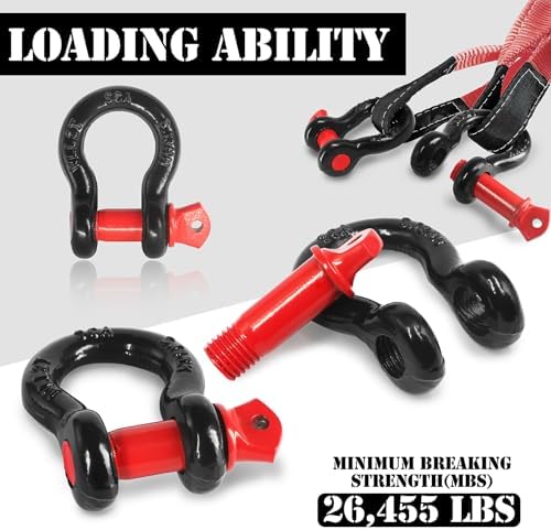 1/2" D Ring Shackle with 5/8" Screw Pin, 2T Working Load Limit (WLL) / 12T (26,455 lb) Minimum Breaking Strength (MBS) for Tow Strap Winch, Off-Road Vehicle Recovery (Black/Red, 8 Pack) - Image 3