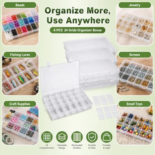 APACALI 4 Pack Large Clear Organizer Box with Dividers, 24 Adjustable Compartments Tackle Box & Bead Organizer for Crafts Small Parts - Image 6
