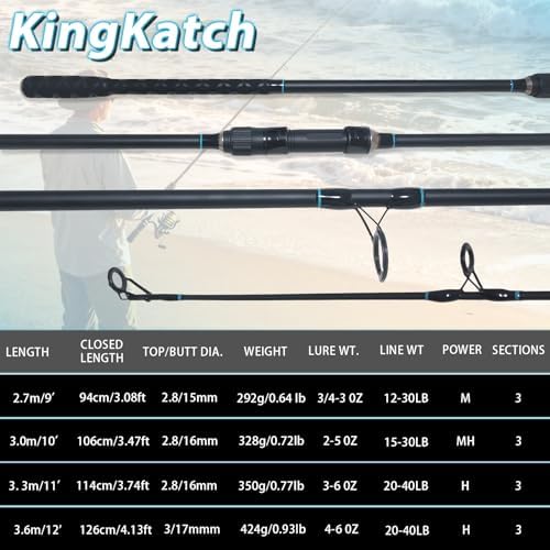 Surf Spinning Fishing Rod 9'-12', 3-Piece Carbon Fiber Saltwater Rod with 2 Identical Tips Lightweight High-Sensitivity Long-Cast Shore & Beach Casting Rod for Pier Surf Fishing - Image 5
