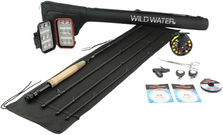 Wild Water Deluxe Fly Fishing Combo Starter Kit, 5 or 6 Weight 9 Foot Fly Rod, 4-Piece Graphite Rod with Cork Handle, Accessories, Die Cast Aluminum Reel, Carrying Case, Fly Box Case & Fishing Flies by WildWater