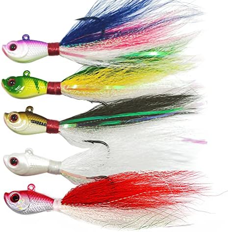 KMUCUTIE 5 pcs bucktail Jigs Saltwater or Freshwater Bait,for bass flounder fluke Striper Fishing Lure by kmucutie