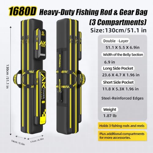 Long Fishing Pole Bag, Double Layer Travel Fishing Rod Case with Wire Frame, 1680D Lightweight Fishing Carrier for Two-Piece Rods (Double Layer-Straight Wire Bag, 51 in / 130cm) - Image 2