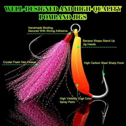 5 Pack Pompano Jigs with Teaser Hooks, Surf Fishing Jig Heads Saltwater Lure Banana Shape Stand Up O'Shaughnessy Beach Casting Pompano Whiting Flounder - Image 3
