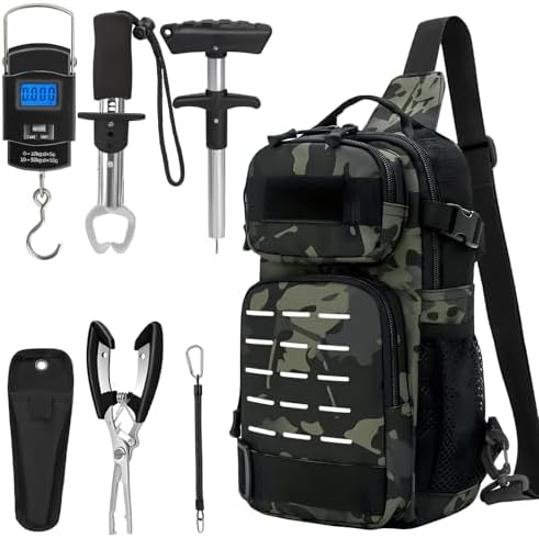 THKFISH 7Pcs Fishing Backpack with Fishing Pliers Kit, Tactical Fish Sling Tackle Bag Included Fishing Tackle kit, Digital Fishing Gear Weight Scale, Fish Hook Remover Tools by THKFISH