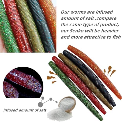 30 Pcs 5.5" /0.35oz,4"/0.2oz Senko Wacky Worms Soft Fishing Lures，Classics/Soft,5 Colors Mixed Kit Plastic Worm Stick Baits for Bass Freshwater Saltwater Fishing - Image 3