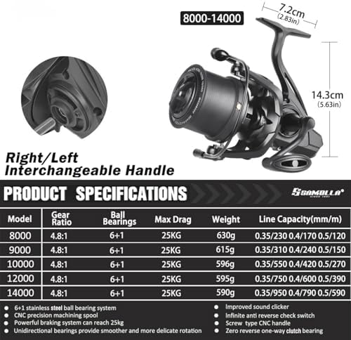 Heavy Duty Spinning Reel Metal Body with CNC Machined Spool 55LB Max Drag 6/8+1 Bearings Ultra Smooth 4.6/4.8:1 High Speed Gear Ratio Saltwater Freshwater Fishing Reel for 8000 to 14000 Series - Image 3