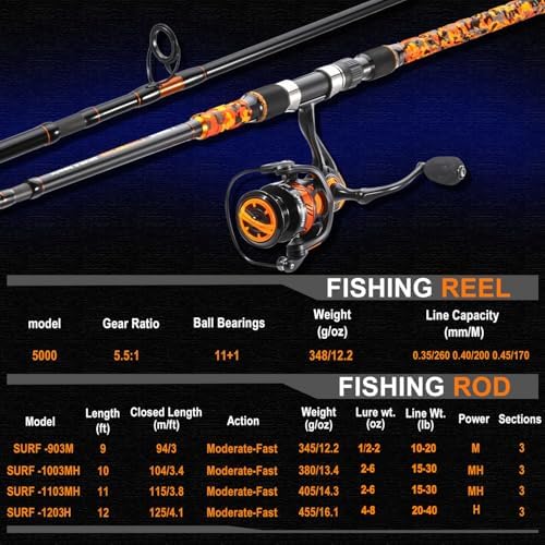 Sougayilang 3 Piece Surf Fishing Rod Combo Medium/Heavy Travel Spinning Rod with 4000/5000 Size Reel Baitfeeder Combo(9'/10'/11'12') - Image 5