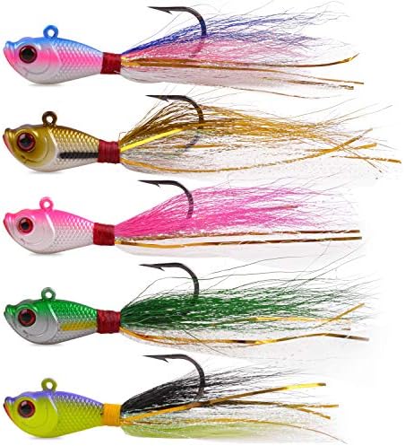 Bucktail Jigs Saltwater Lures,3/5PCS Bucktail Hair Jigs Head Fishing Lure Baits Assorted Kit for Bass Striper Bluefish Surf Fishing 1/4oz 1/2oz 1oz 1.5oz 2oz by SILANON