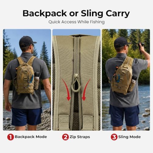 Piscifun Fishing Backpack, Rod Holders, Lightweight Sling Bag, Khaki Large - Image 3