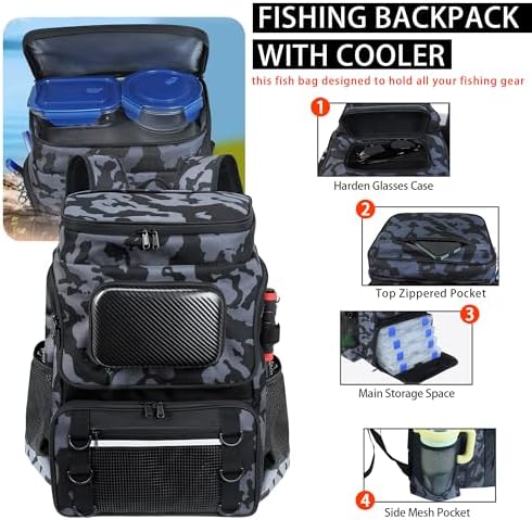 Fishing Backpack with Rod Holder and Tackle Boxes, Cooler, Large 50L Fishing Gear Bag with 139 Fishing Lures Kit, Fish Tool Set, Fish Gifts for Men Woman-Camo Backpack - Image 4