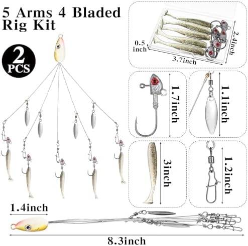 Lunmon 2 Pcs 5 Arms Umbrella Rig Fishing Lures for Bass Walleye - Image 2