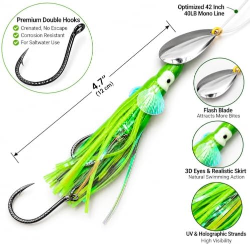 King COHO Humpy Sockeye Salmon Stealhead Squid Skirt Spinner Hoochie Lure UV Gill Double Hooks for Trolling Fishing - Image 3