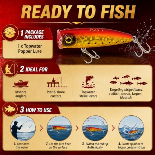 Topwater Popper Fishing Lure, 4in 0.81oz ABS Floating Saltwater Bait with BKK 3X #4 Treble Hooks, Foil-Stamped Finish for Inshore Striped Bass Redfish Snook Tarpon - Image 6