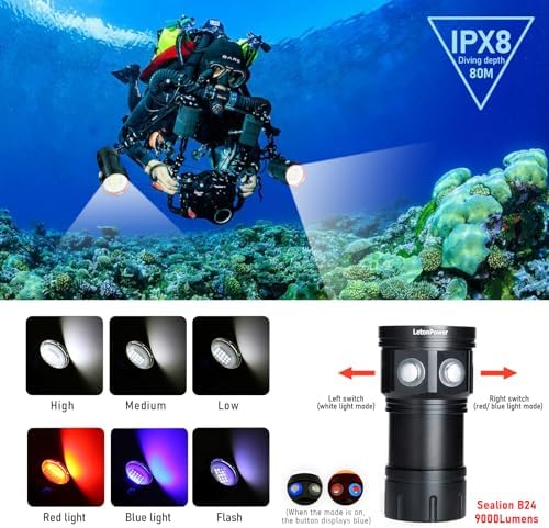 B24 Dive Light Underwater Flashlight 9000Lumens Underwater Video Lights 80m Scuba Dive Light Diving Flashlight for Under Water Sports,Underwater Video Shooting and Photography - Image 2