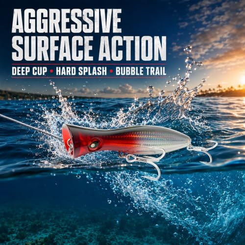 6.2 Inch 2.73 oz Saltwater Topwater Popper Fishing Lures with 3/0 4X Strengthened BKK Treble Hooks, Through-Wire for Strength & Durability, Target GT, Tuna, Sea Bass, Marlin - Image 5