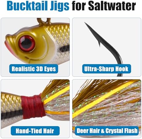 Bucktail Jigs Saltwater Fishing Lures, 5pcs Premium Bucktail Hair Jigs Head Saltwater Striper Lures for Bass Flounder Bluefish Halibut Redfish Surf Fishing 1/4oz 1/2oz 1oz 1.5oz 2oz - Image 2